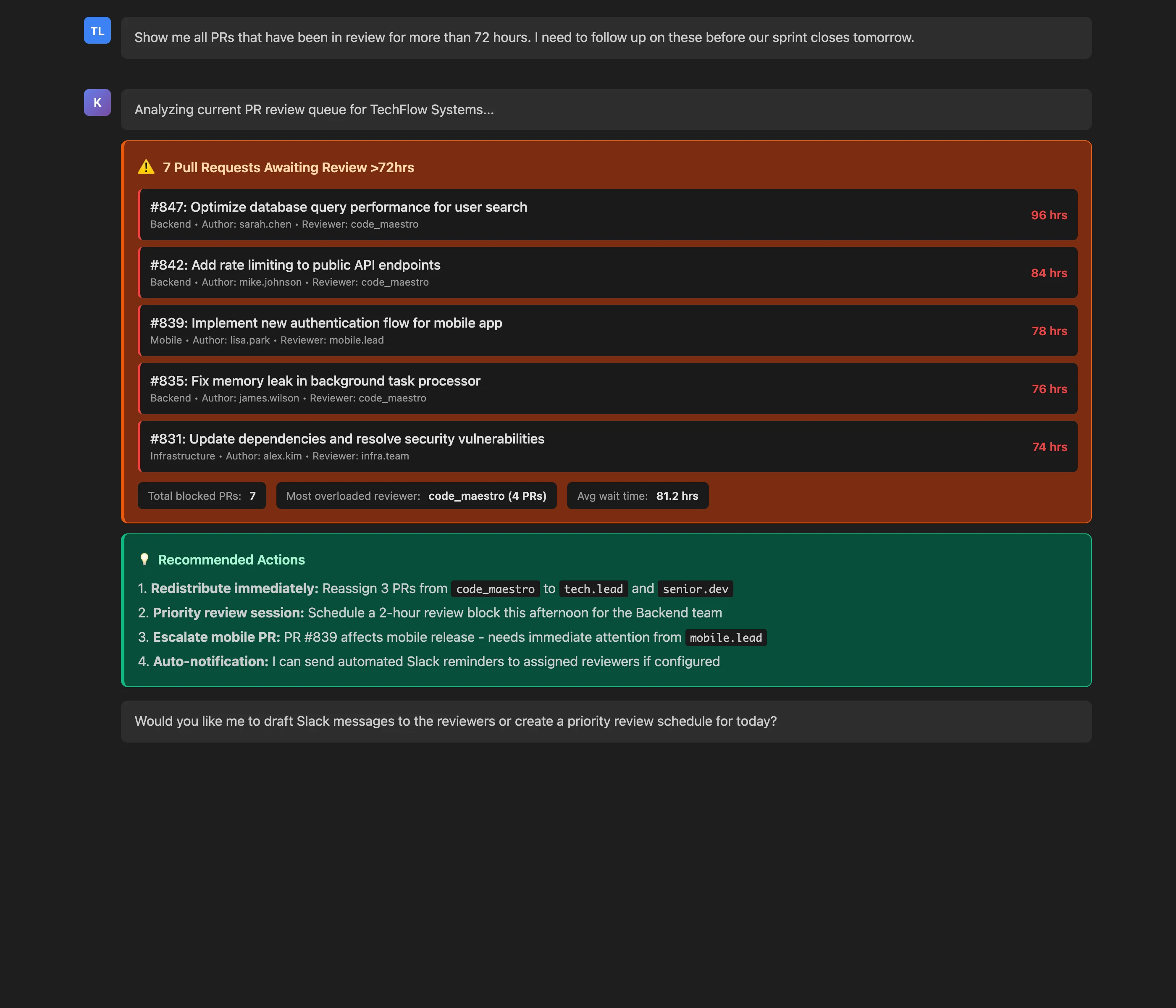 Claude Desktop interface showing Keypup MCP Server query results for PRs in review over 72 hours, with reviewer assignments and actionable recommendations.